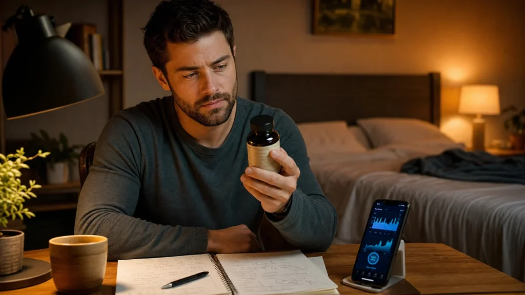 Man reviewing an ashwagandha supplement beside sleep tracking and stress notes