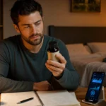Man reviewing an ashwagandha supplement beside sleep tracking and stress notes