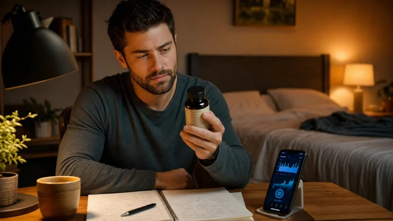 Does Ashwagandha Boost Testosterone? Evidence, Stress, and Limits 1 Man reviewing an ashwagandha supplement beside sleep tracking and stress notes