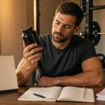 Athletic man after training weighing a nicotine choice beside a workout log and shaker