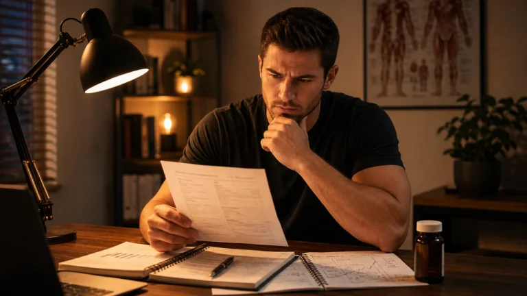 Man reviewing prescription-style paperwork, lab notes, and a closed medicine bottle