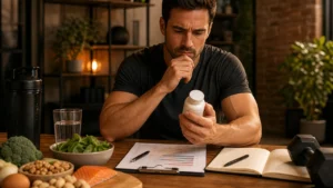 Man reviewing vitamin B12 supplement and lab notes with a realistic evidence-based expression