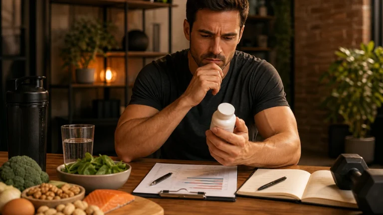 Man reviewing vitamin B12 supplement and lab notes with a realistic evidence-based expression