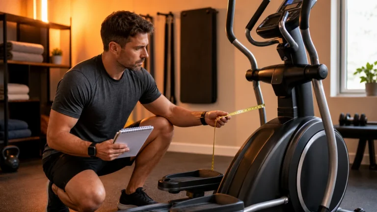 Elliptical Trainers | What to Buy for Low-Impact Cardio 1 Man evaluating an elliptical trainer with measuring tape, training log, and smartwatch in warm home gym light