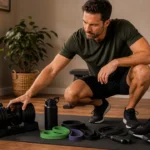 Compact essential fitness gear starter kit in a warm home workout space