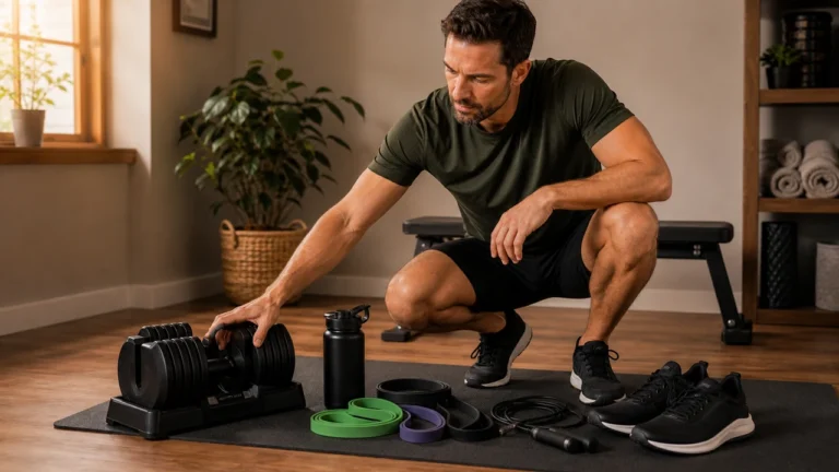 Compact essential fitness gear starter kit in a warm home workout space