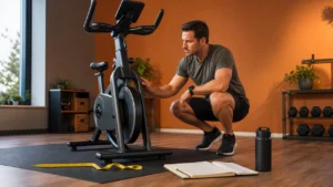 Man evaluating an exercise bike with measuring tape, training journal, smartwatch, and floor mat in a warm home gym