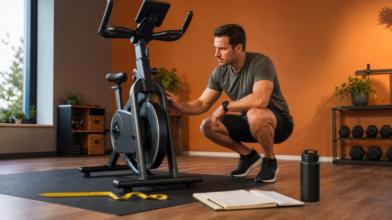 Man evaluating an exercise bike with measuring tape, training journal, smartwatch, and floor mat in a warm home gym