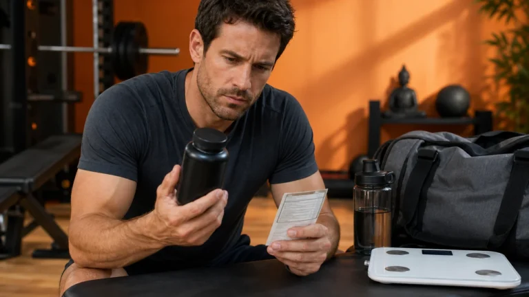 Man comparing a fat burner bottle with a nutrition label, smart scale, and gym bag