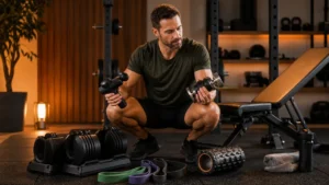 Man comparing premium fitness gear in a warm home gym
