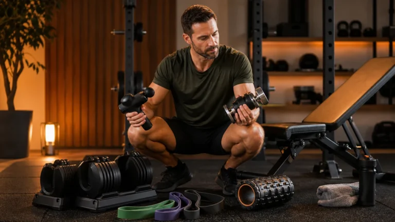 Man comparing premium fitness gear in a warm home gym