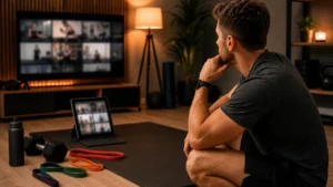 Man choosing a fitness streaming platform in a warm home workout setup