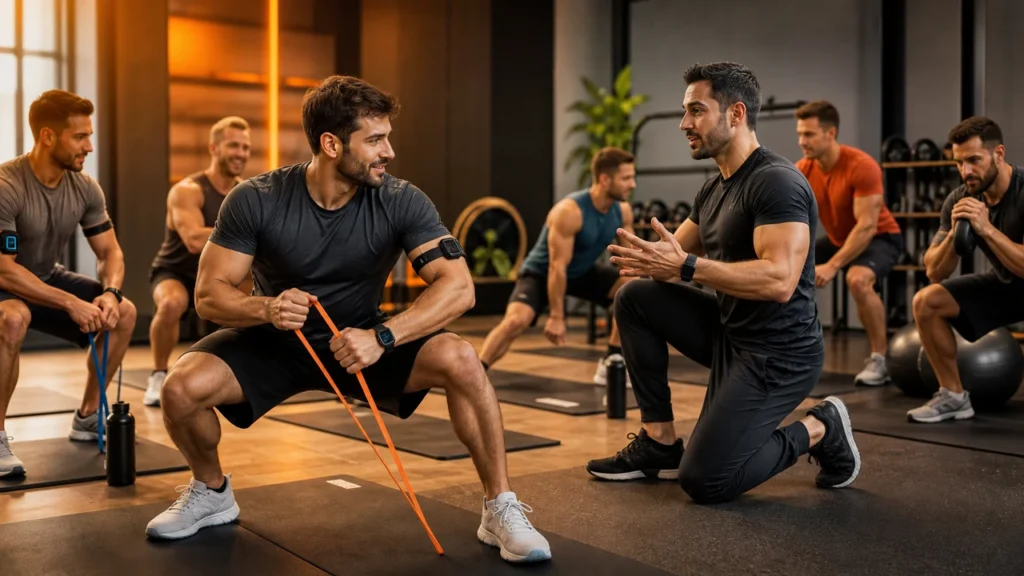 Men training in a coached group workout with mats, resistance bands, wearable pacing cues, and warm studio lighting