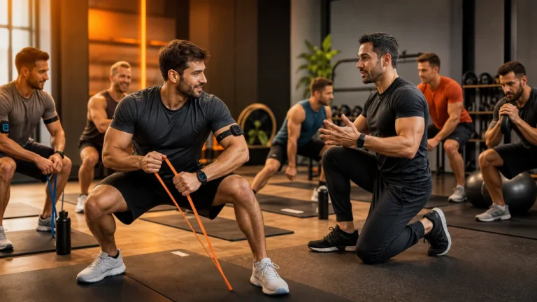 Men training in a coached group workout with mats, resistance bands, wearable pacing cues, and warm studio lighting