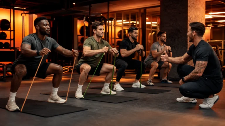 Men training in a modern group fitness class with coach, mats, resistance bands, and wearable fitness cues in warm studio light
