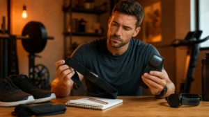 Man comparing chest strap and arm heart rate monitors in a warm home gym