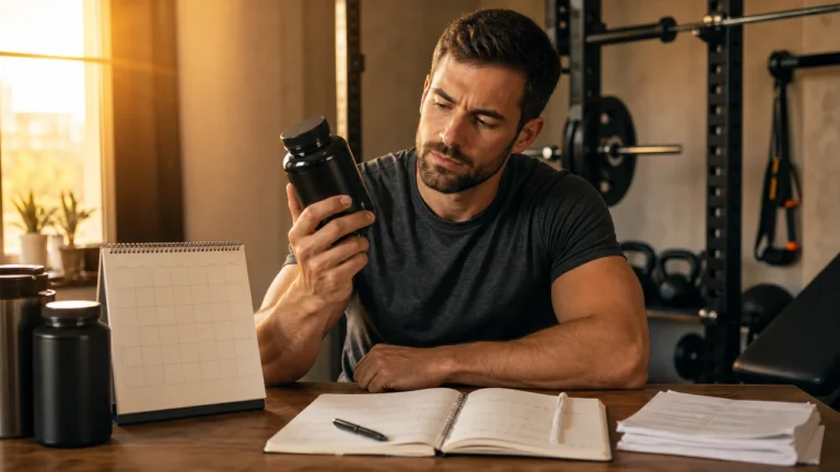 Man reviewing a testosterone support supplement bottle with calendar, training journal, and lab papers