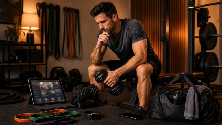 Man comparing hybrid gym equipment, app, and wearable choices in a warm home gym