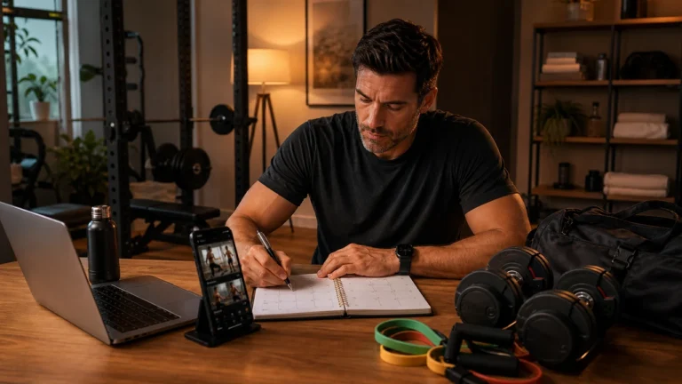 Man planning a hybrid training week with app, adjustable dumbbells, resistance bands, gym bag, wearable, and workout calendar in warm light