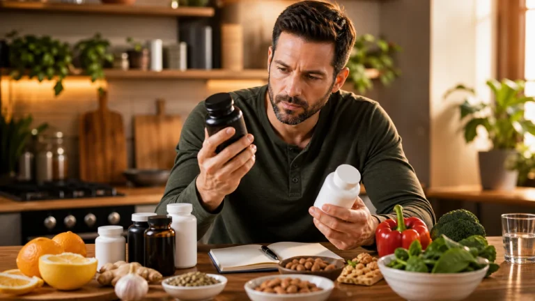 Man reviewing immune support supplements and whole-food nutrition cues