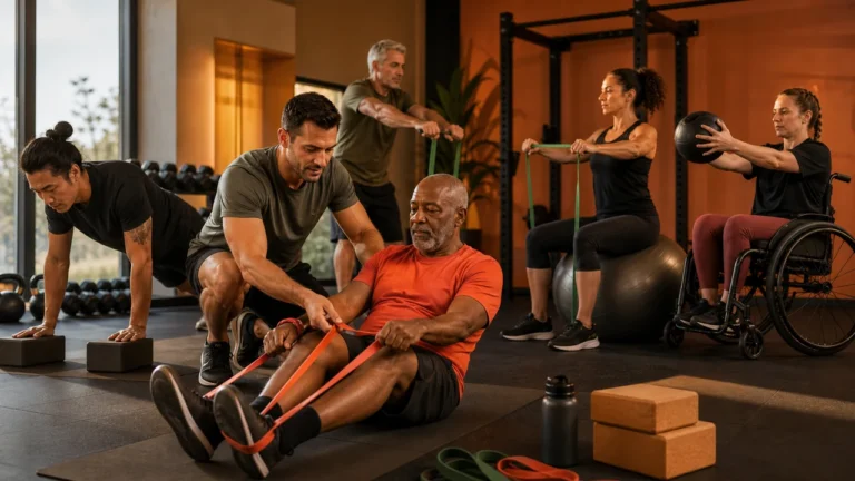 Inclusive Fitness Trends | Programs That Actually Meet People Where They Are 12 Diverse adults training with scalable equipment while a coach adjusts exercise options in a warm inclusive gym