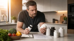 Fit man reviewing supplement bottles and nutrition notes on a kitchen counter