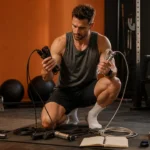 Man comparing jump ropes with a mat, smartwatch timer, training journal, and cardio shoes in a warm home gym