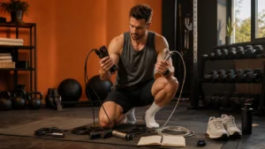 Man comparing jump ropes with a mat, smartwatch timer, training journal, and cardio shoes in a warm home gym