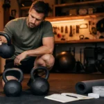 Man comparing kettlebells, chalk, mat, and training log in a warm garage gym