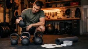 Man comparing kettlebells, chalk, mat, and training log in a warm garage gym