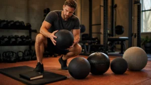 Man choosing medicine balls, wall balls, and slam balls on a warm gym floor