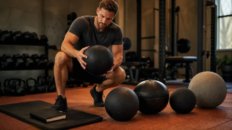 Man choosing medicine balls, wall balls, and slam balls on a warm gym floor