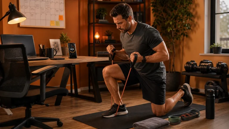 Micro Workouts | Short Sessions That Actually Add Up in 2026 11 Busy man doing a short home workout beside a desk with timer, resistance bands, dumbbells, mat, calendar, and water bottle