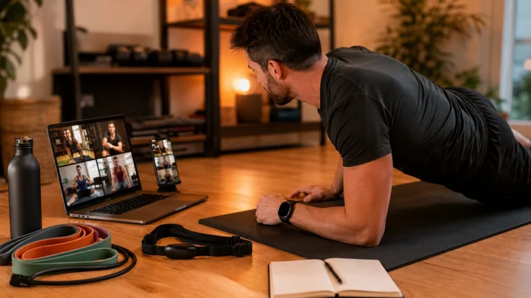 Online Group Challenges | Fitness Accountability Without Burnout 1 Man doing a home workout with laptop and phone online group challenge dashboard, mat, bands, smartwatch, and heart-rate strap