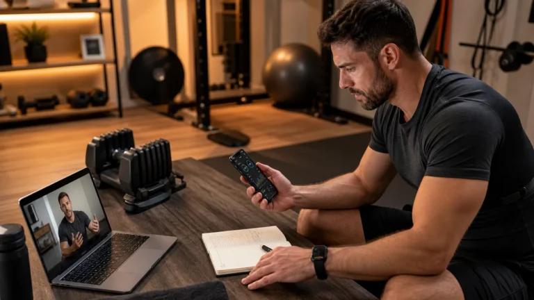 Online Personal Training | How to Choose Coaching That Actually Works 7 Man reviewing online personal training feedback on laptop with dumbbells, exercise mat, heart-rate monitor, phone app, and workout log
