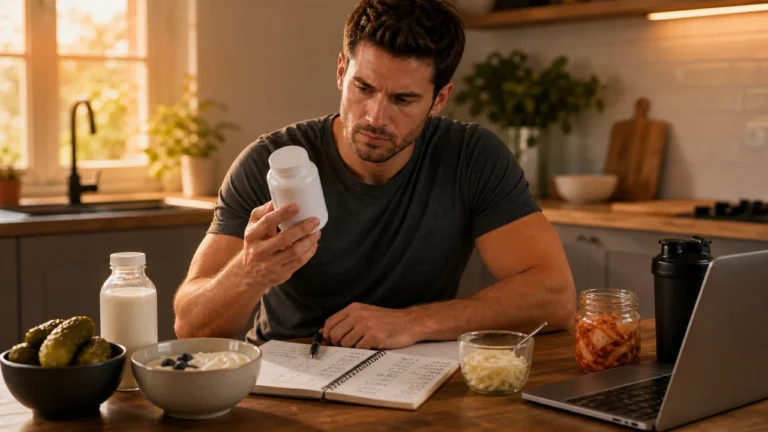 Man reviewing probiotic supplement, fermented food, training log, and digestion notes