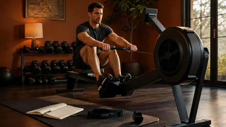 Man testing a rowing machine with training journal, heart rate chest strap, smartwatch, and floor mat in a warm home gym