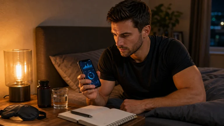 Man at bedside reviewing sleep tracker, sleep mask, and low-dose sleep supplement