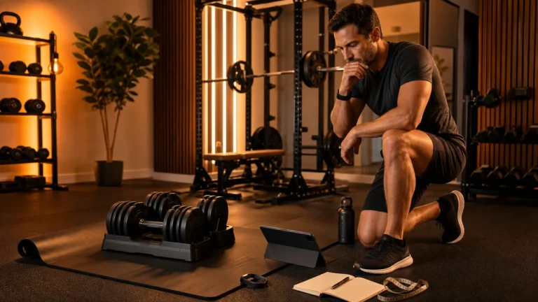 Man evaluating a smart home gym setup with adjustable dumbbells, equipment mat, tablet coaching interface, wearable data, and training log