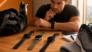 Man comparing several smartwatches beside running shoes, phone, and training journal