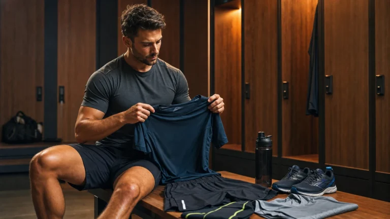 Man comparing sportswear in a warm gym locker room before training