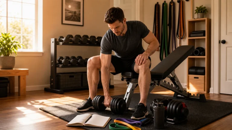 Man setting up strength training equipment in a compact warm home gym