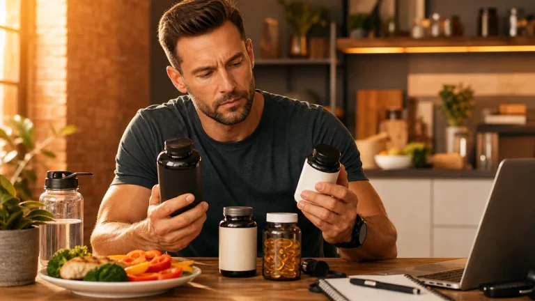 Man comparing supplement bottles and nutrition notes for a safety-first buyer guide