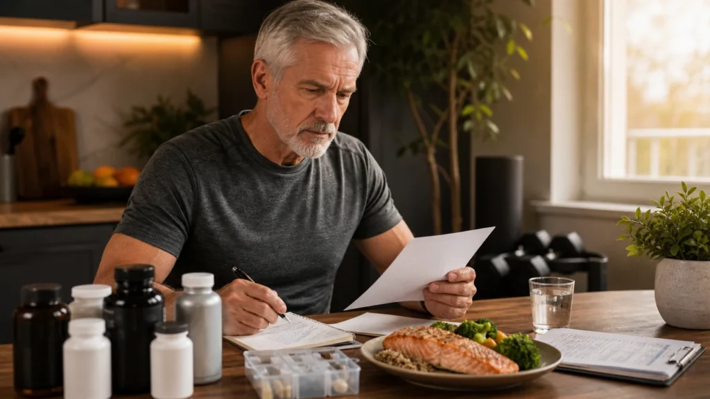 Older active man reviewing supplements, medication list, protein-rich meal, and lab notes