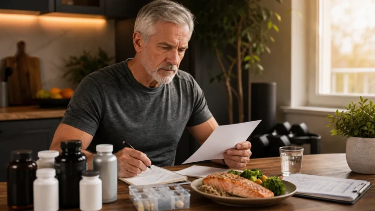 Older active man reviewing supplements, medication list, protein-rich meal, and lab notes