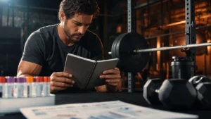 Man reviewing a training log beside a loaded barbell in a gym
