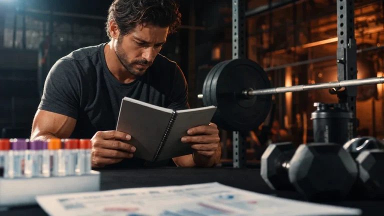 Man reviewing a training log beside a loaded barbell in a gym