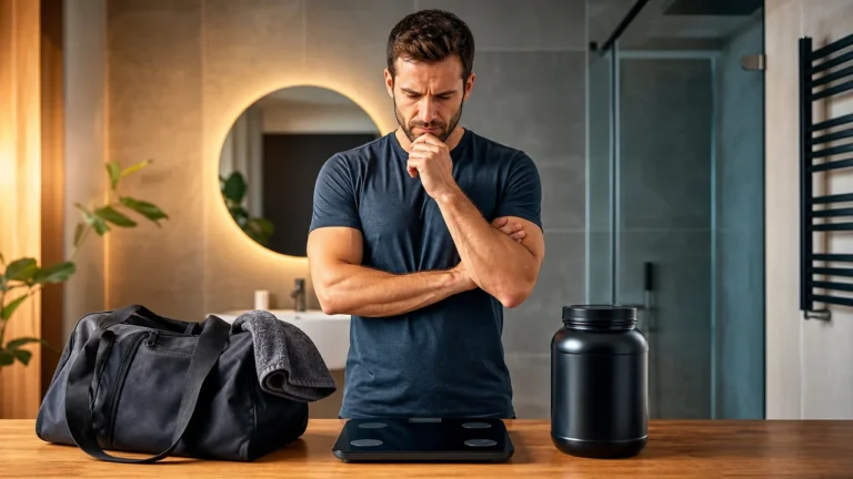 Testosterone Boosters and Weight Loss | What They Can and Cannot Do 1 Man considering weight loss basics with gym bag smart scale and supplement bottle