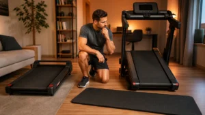 Man comparing treadmill options in a compact warm home gym