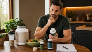 Man reviewing vegan supplements and plant-based nutrition checklist